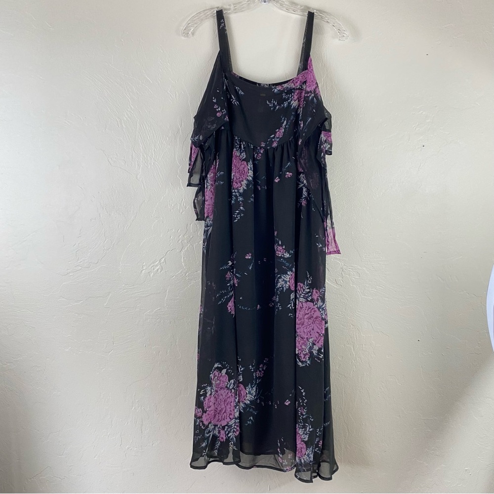 Free People NWT Size XS Black & Purple Floral Chiffon Spaghetti Strap Maxi Dress